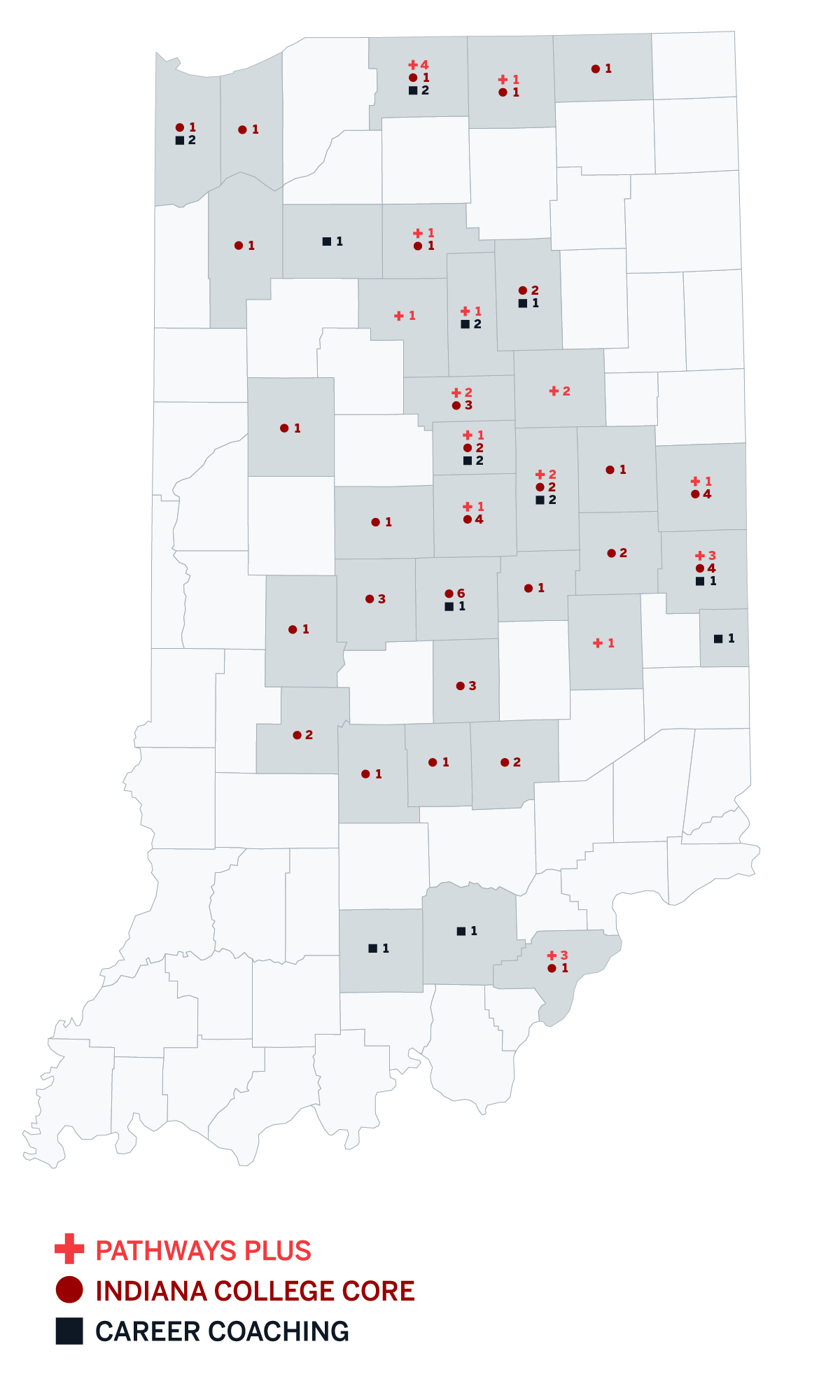 Map of Indiana showing the number of schools per county that participate in Pathways PLUS, Indiana College Core, and Career Coaching programs